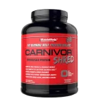 Carnivor Shred beef protein by MuscleMeds, showing 130 calories, 23g protein, 0g fat, 8g carbs, 2.5g creatine, and a thermogenic blend per serving