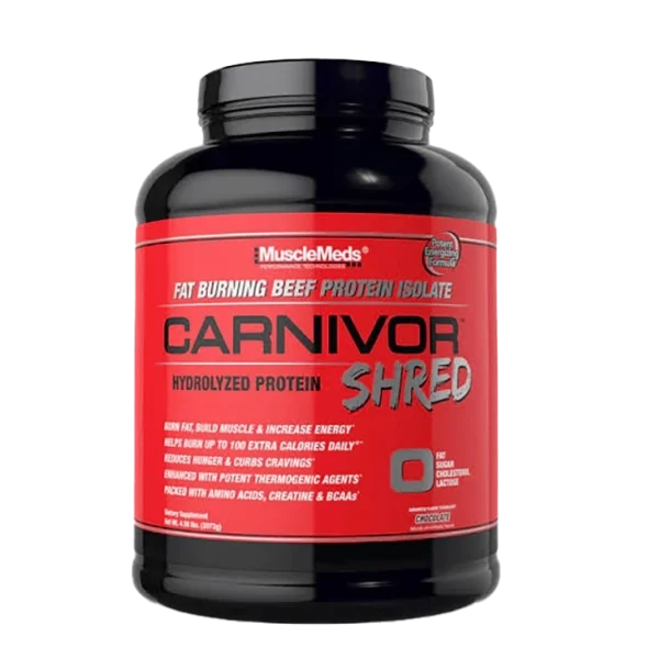 Carnivor Shred beef protein by MuscleMeds, showing 130 calories, 23g protein, 0g fat, 8g carbs, 2.5g creatine, and a thermogenic blend per serving