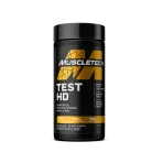 Test HD by MuscleTech testosterone booster bottle, featuring powerful natural ingredients like Tribulus, Shilajit, and Boron for muscle growth, energy, and hormone support