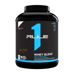 Nutrition facts label for R1 Whey Blend 5lbs by Rule 1 Proteins, showing 130 calories, 24g protein, 2g fat, and 3g carbs per serving