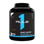 Nutrition facts label for R1 Whey Blend 5lbs by Rule 1 Proteins, showing 130 calories, 24g protein, 2g fat, and 3g carbs per serving