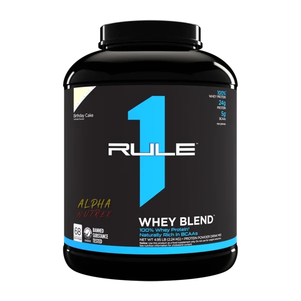 Nutrition facts label for R1 Whey Blend 5lbs by Rule 1 Proteins, showing 130 calories, 24g protein, 2g fat, and 3g carbs per serving