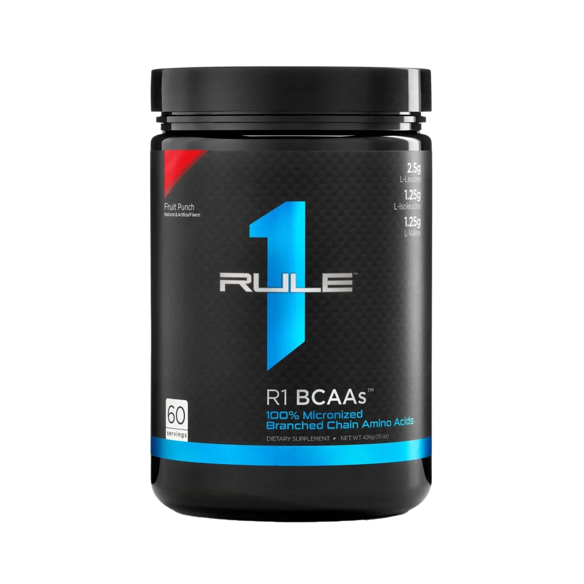 Rule1 BCAAs R1 Supplement with Nutrition Facts - High-Quality Branched-Chain Amino Acids for Recovery and Performance, available in Fruit Punch Flavor