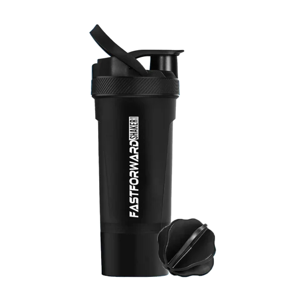 Black shaker bottle with a sleek design and mixing grid, ideal for protein shakes and gym use